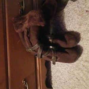 brown fuzzy wedged boots